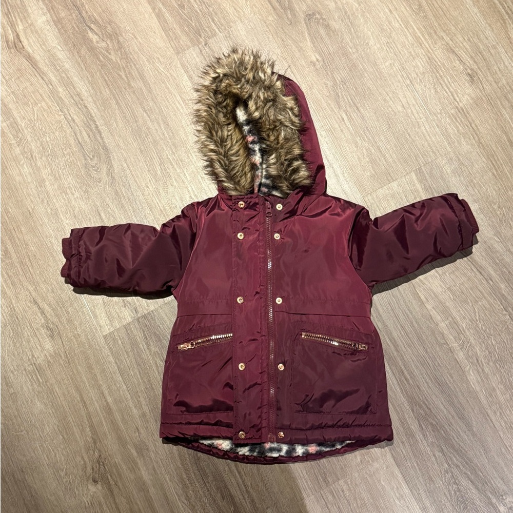 George Burgundy Kids Jacket with Faux Fur Hood